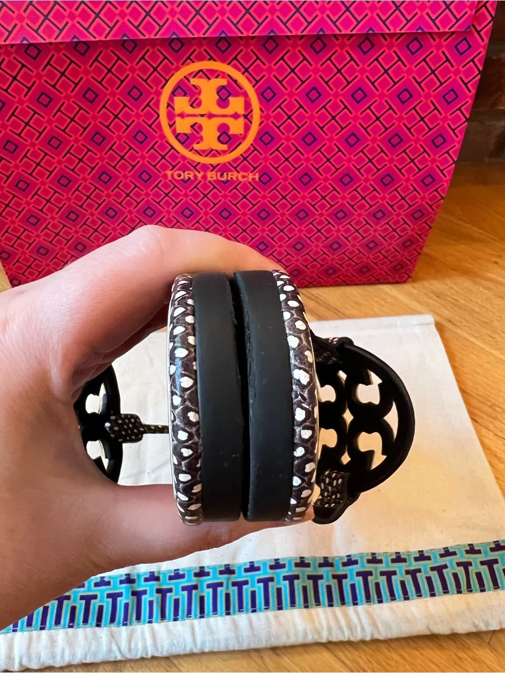 Tory Burch Black & White Leather Embossed Spotted Snake Metal Miller Sandals